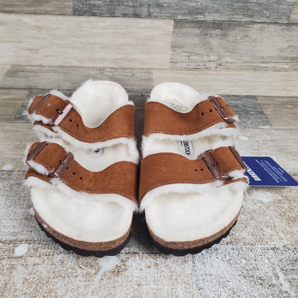 Birkenstock Arizona Womens Slides Sandals Sz 5 Narrow Mink Shearling Suede - Picture 2 of 12